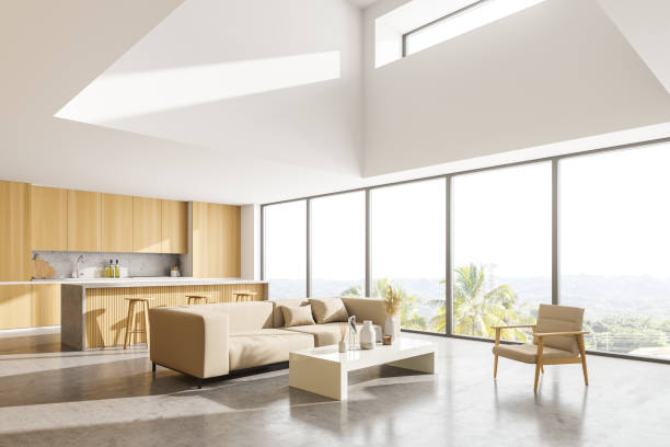 istock Wooden kitchen set with sofa and armchair near panoramic window 1314514012