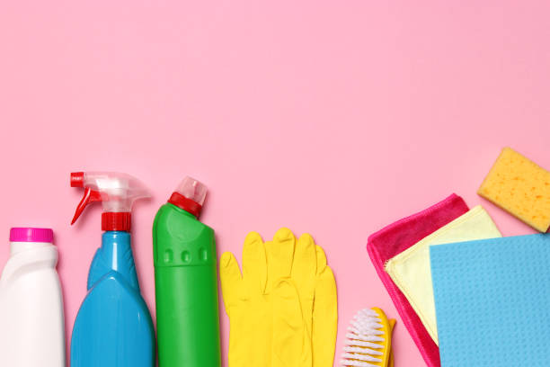 istock Means for cleaning and disinfection close-up on a colored background. 1314514361