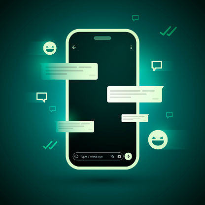 Vector Illustration Futuristic Cyber Messenger Concept. Smartphone With Chat Bubbles And Emoticons.