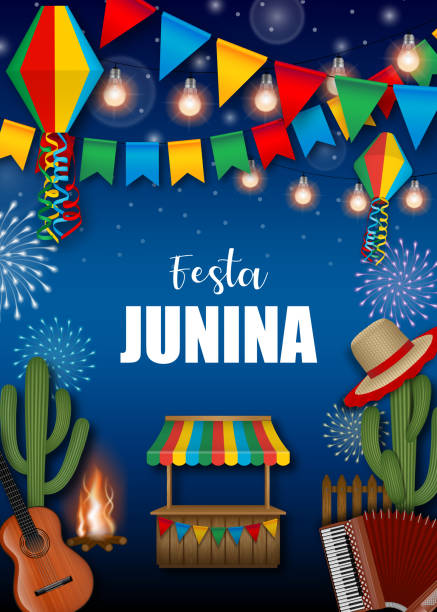 ilustrações, clipart, desenhos animados e ícones de festa junina de fundo. pôster do festival brasileiro de junho. - festa junina