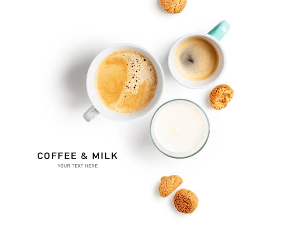 istock Coffee cups, glass of milk and sweets creative layout 1314516531