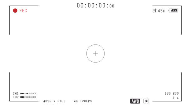 Video camera overlay Video camera viewfinder overlay. 16:9 template. Full hd or 4k format with 120 fps. Camera frame vector template. Black lines and text, rec icon with information and timing on transparent background. film camera overlay stock illustrations