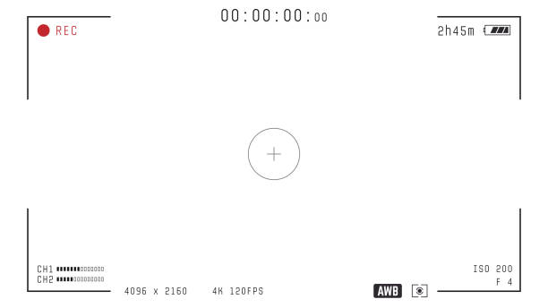 Video camera overlay Video camera viewfinder overlay. 16:9 template. Full hd or 4k format with 120 fps. Camera frame vector template. Black lines and text, rec icon with information and timing on transparent background. view finder stock illustrations