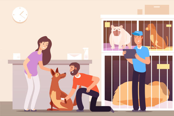 Homeless animals. People in shelter with pet cats and dogs in cages. Vector concept Homeless animals. People in shelter with pet cats and dogs in cages. Vector concept pet homeless, dog help and care illustration animal shelter stock illustrations