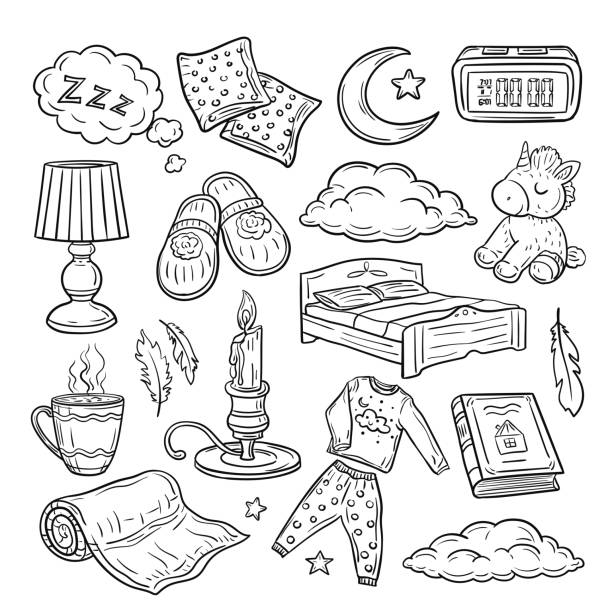 schlafenszeit doodle. entspannen sie den schlaf, bequeme kissenfedern träumen zzz nacht träumen. schlafzeit hand gezeichnet vektor-set - bed pillow doodle bedroom stock-grafiken, -clipart, -cartoons und -symbole