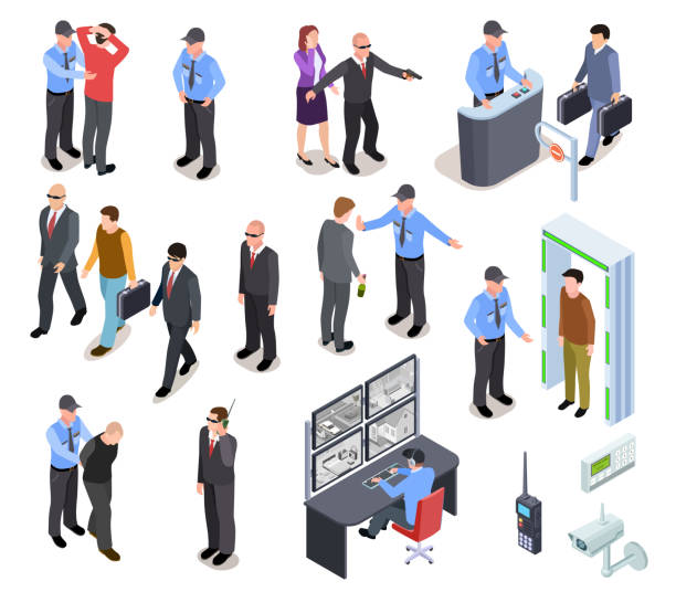 illustrations, cliparts, dessins animés et icônes de concept isométrique du système de sécurité. sécurisez l’équipement d’accès au poste de contrôle des policiers, la garde personnelle, l’identité criminelle. ensemble vectoriel 3d - service de sécurité