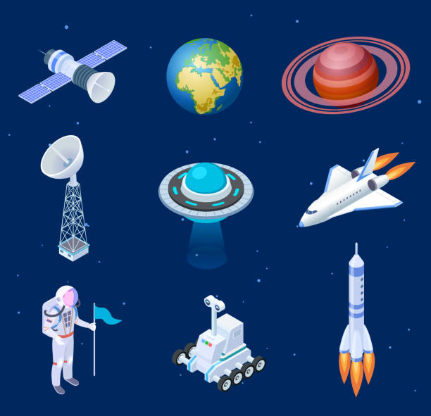 Isometric spaceships. Space satellite rocket telescope globe spaceman astronaut. Missile spacecraft 3d isolated vector set Isometric spaceships. Space satellite rocket telescope globe spaceman astronaut. Missile spacecraft 3d isolated vector set. Illustration of rocket satellite and spaceship in universe starry sky telescope stock illustrations