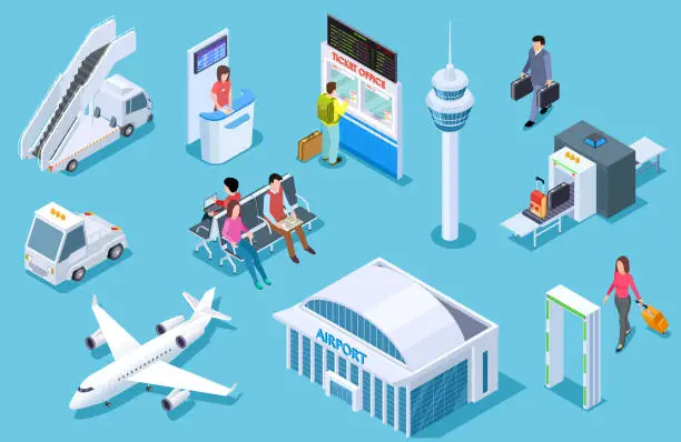 Vector illustration of Airport isometric. Passenger luggage, airport terminal. Tower plane passport checkpoint. Business airline travel management vector set