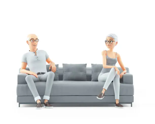 Photo of 3d senior man and woman sitting on sofa and looking each other