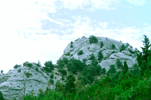 Crimean rocks and sky. Sunny autumn day. Front view.