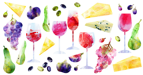 Watercolor abstract red wineglasses and snack illustration. Black and red grapes bunch and berries, figs, pears, fruit slices, cheese, olives. For food and drink background, wine list, labels.