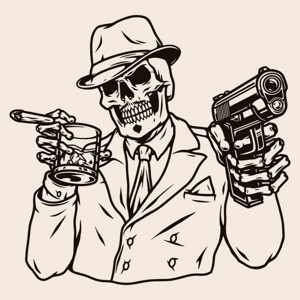 Mafia boss skeleton in suit Mafia boss skeleton in suit and fedora hat with cigar glass of whiskey and gun in vintage monochrome style isolated vector illustration mob boss stock illustrations