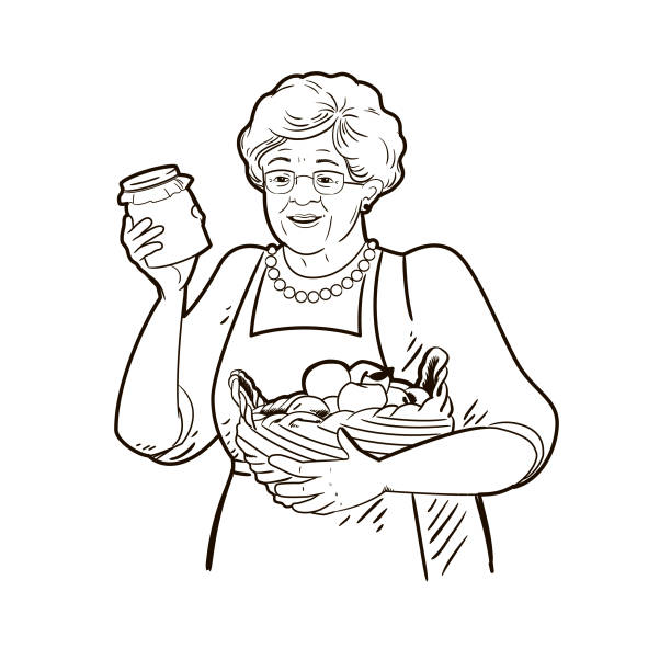 illustrazioni stock, clip art, cartoni animati e icone di tendenza di la nonna tiene un barattolo di marmellata fatta in casa e un cesto di mele. illustrazione vettoriale, schizzo in bianco e nero, line art isolata - grandmother