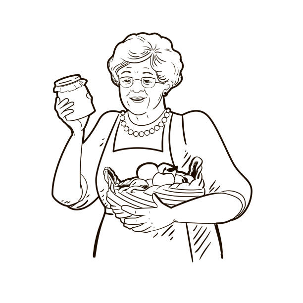 おばあちゃんは自家製ジャムの瓶とリンゴのバスケットを持っています。ベクトルイラスト、白黒スケッチ、分離線画 - vegies vegetable basket residential structure点のイラスト素材／クリップアート素材／マンガ素材／アイコン素材