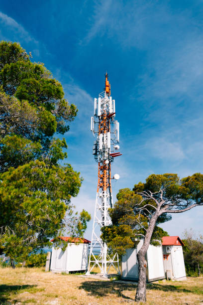 istock Cell tower against the background of green trees and blue sky 1314529663
