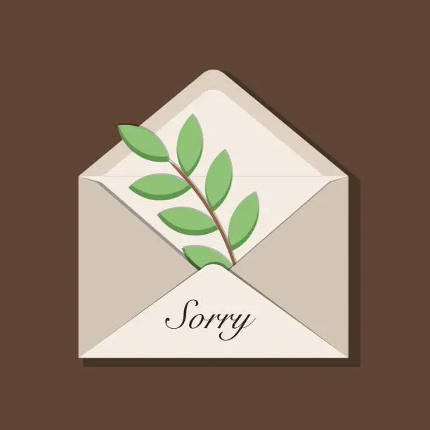 Vector illustration of Beige envelope with olive branch and message Sorry