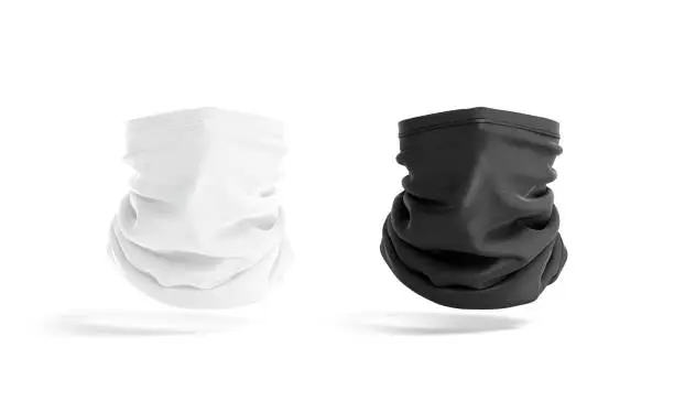 blank black and white neck gaiter mock up, front view, 3d rendering. Empty headband buff for safety equipment mockup, isolated. Clear protect neck warmer for sport template.