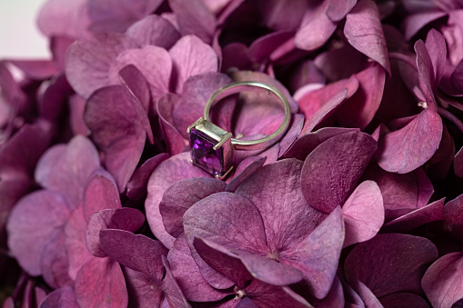 Purple Amethyst rectangular ring,. White gold, platinum jewelry. Purple flower background. Jewelry. Natural stone. Violet accessory. Handmade design.