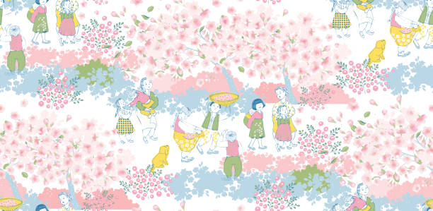 illustrations, cliparts, dessins animés et icônes de illustration transparente de modèle des enfants et des personnes de visionnement de fleur de cerisier dans le voisinage. le design moderne de la corée. - korean culture