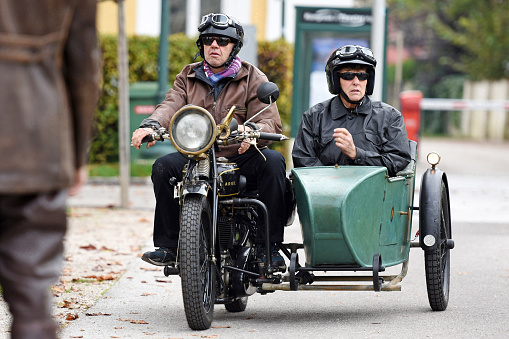 A motorcycle with sidecar at the annual Franz Joseph ride on old motorcycles in Bad Ischl, Salzkammergut, Austria, Europe