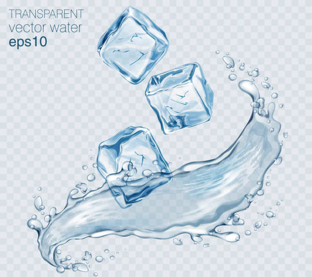 transparenter vektorwasserspritzer mit eiswürfeln und welle auf leichtem hintergrund - icewater stock-grafiken, -clipart, -cartoons und -symbole