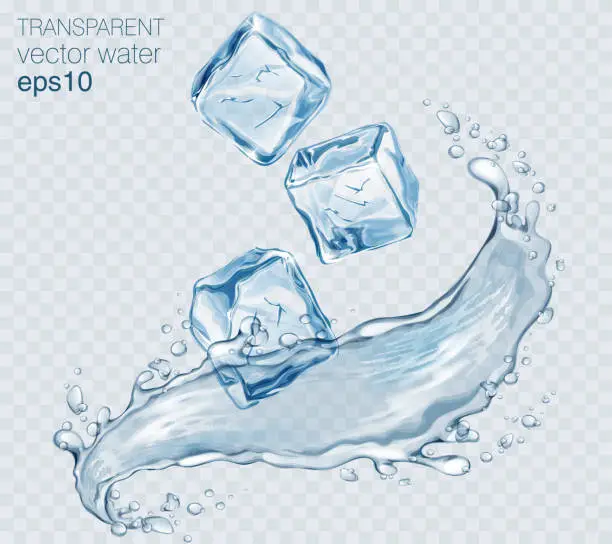 Vector illustration of Transparent vector water splash with ice cubes and wave on light background