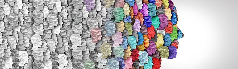 Demographic change and changing demography as a large group of people as a changing diversity in a population in a 3D illustration style.