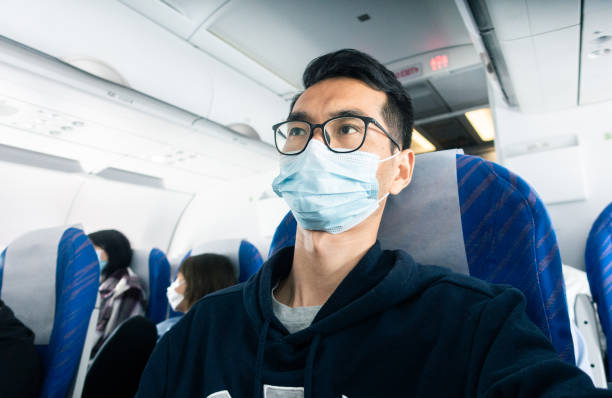 istock Tourists wearing a face mask in airplane 1314537805