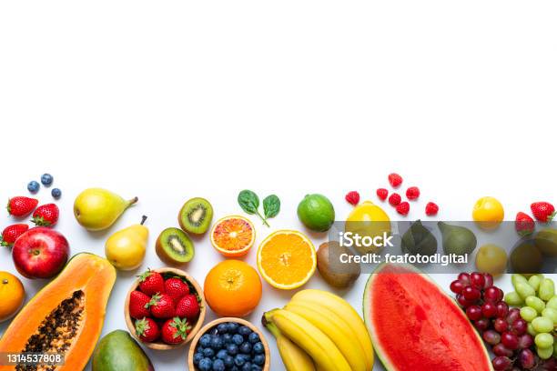 Healthy Fresh Fruits Border On White Background Stock Photo - Download Image Now - Fruit, Variation, Freshness