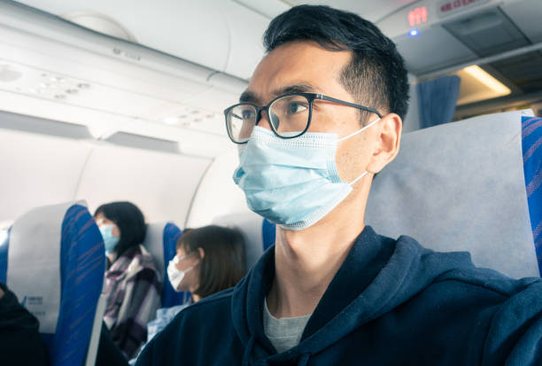 istock Tourists wearing a face mask in airplane 1314538550