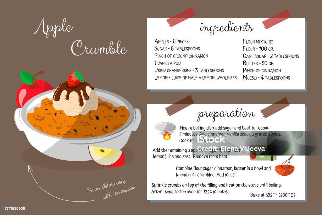 Desmenuza la manzana del pastel con helado. Instrucciones paso a paso para hacer pastel de manzana. Libro de cocina, cocina casera. cocinar es fácil. - arte vectorial de Receta - Instrucciones libre de derechos