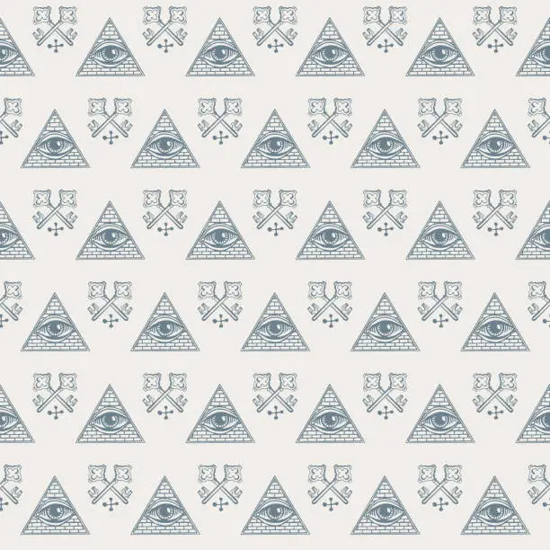 Vector illustration of seamless pattern with all-seeing eye and old keys