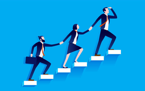 Business temwork aspiration Team of business people, men and woman walking up stairs and taking the steps to success. Teamwork and cooperation concept. Vector illustration. steps illustrations stock illustrations