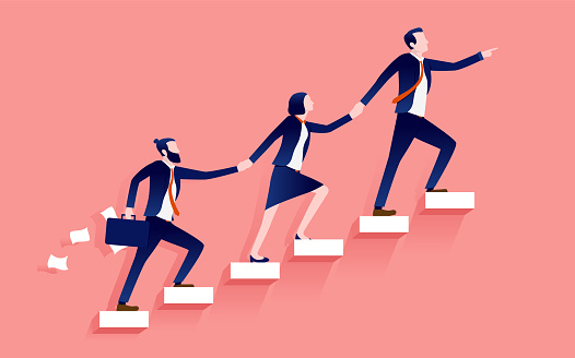 Manager leading employees up career ladder. Great management and teamwork concept. Vector illustration.