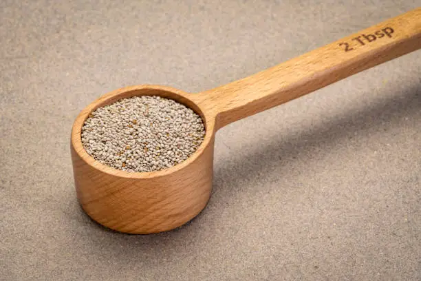 white chia seeds in wooden measuring scoop (2 tablespoons) against textured paper background, superfood concept