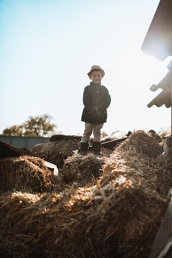 Smiling Male Child Playing In Haystack At Farm House