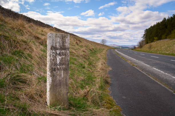 A weathered concrete road marker, inscribed with the numbers 21/11, stands partially submerged in lush green grass beside a road. This simple yet symbolic image represents concepts of distance, journey, milestones, progress, and finding your way. Ideal for themes of travel, measurement, progress, goals, and direction in a subtle, natural setting - World Road Day
