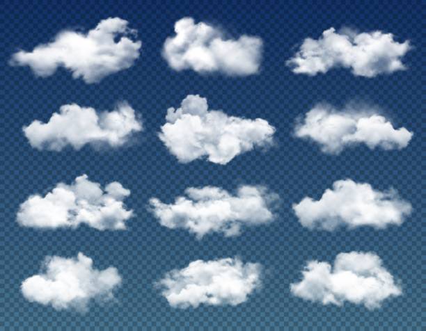 Clouds in cloudy sky on transparent background Clouds in cloudy sky realistic vector design on transparent background. Blue heaven with 3d white clouds, fluffy cumulus and rain fog, rainy weather, climate, meteorology and environment themes stratus clouds stock illustrations