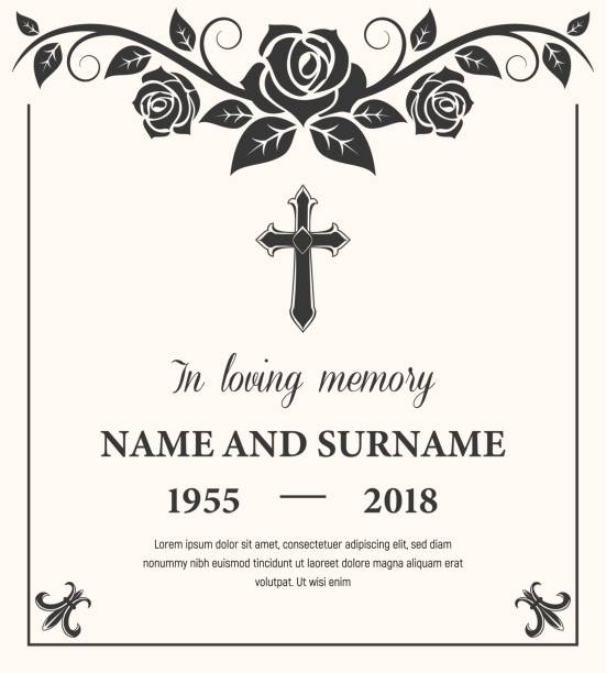 Funeral card vector template with flower ornament Funeral card vector template, condolence flower ornament with cross, name, birth and death dates. Obituary memorial, gravestone engraving with fleur de lis symbols in corners, vintage funeral card tombstone stock illustrations