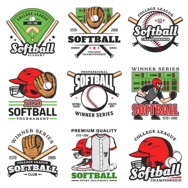 Softball tournament, sport game vector icons set Softball tournament, sport game vector icons. Balls, bats and stadium play field, pitcher player helmet and scoreboard. Catcher glove, softball club sporting items emblems, winner series labels set softball homerun stock illustrations