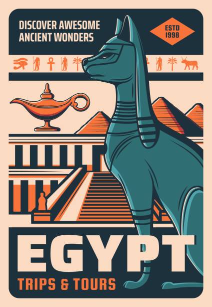 Egypt travel and landmarks, Cairo city tours and sightseeing trips, vector retro poster. Egyptian tourism and wonder landmarks, Giza pyramids, Pharaoh temples and mystic deity gods, museum exhibition