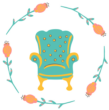 cute vintage armchair decorated with floral wreath , vector illustration