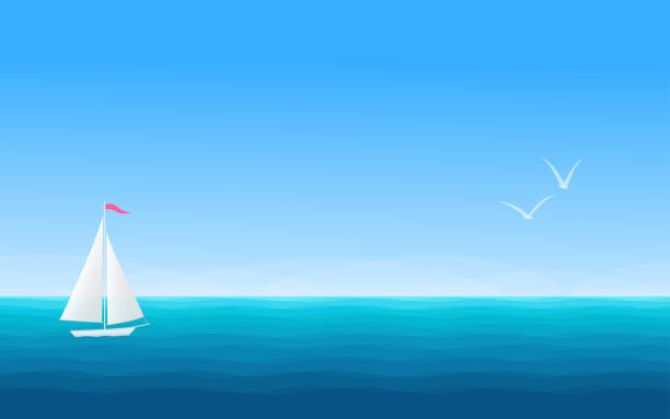 ilustrações de stock, clip art, desenhos animados e ícones de marine background with sailing boat and seagulls - cruise travel beach bay