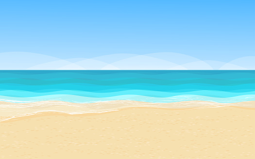 Beautiful scenery with sandy coastline, pure azure sea water and high blue sky. Vector illustration