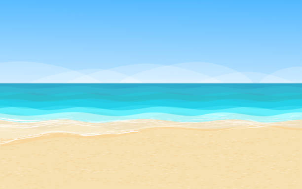Scenery with coastline, sea and blue sky Beautiful scenery with sandy coastline, pure azure sea water and high blue sky. Vector illustration beach illustrations stock illustrations