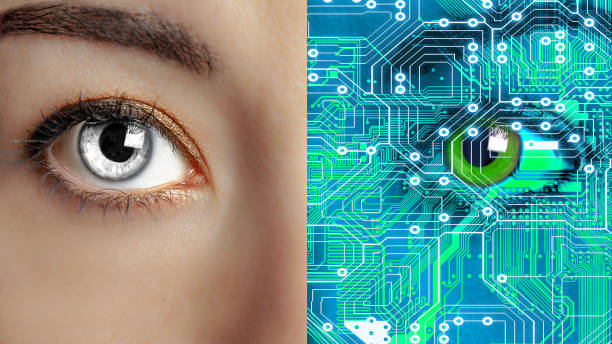 istock Closeup woman face half human and half android or robot 1314542398