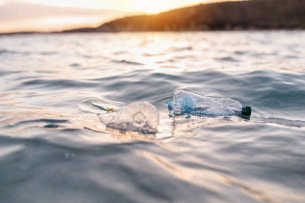 istock Garbage floating on sea or ocean water with plastic bottles and face masks. Sunset on background. 1314543740