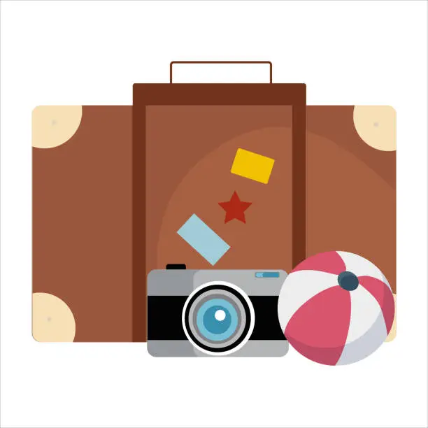 Vector illustration of Travel theme set of suitcase, camera and beach ball