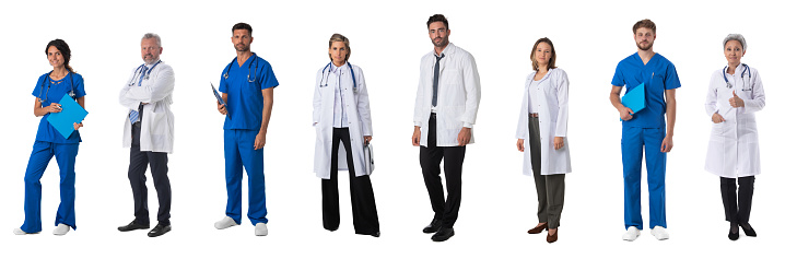 Set of full length portraits of medical workers, doctors, nurses isolated on white background