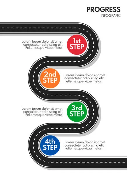 Vector illustration of 4 steps process progress or timeline, road infografic vector template